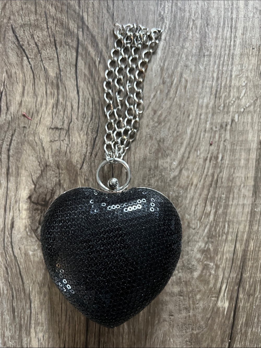 Black Sequin Heart Pendant Necklace - Silver Chain